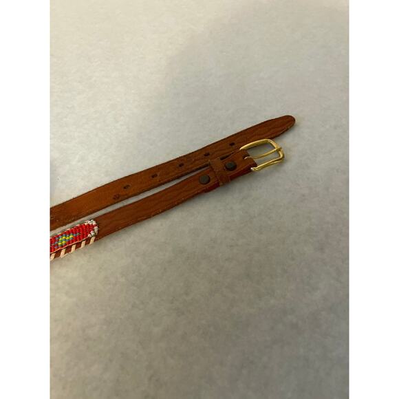 Vintage Brown Leather Beaded Native American Belt SZ 30 Gold 1.5 in Buckle - Picture 3 of 6